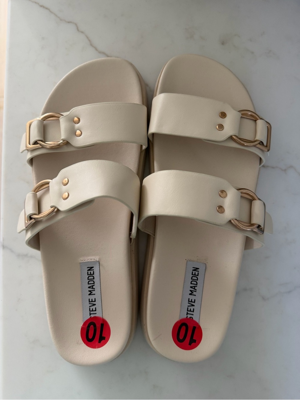 Steve Madden Cream Slide Sandals with Gold Chain Accents